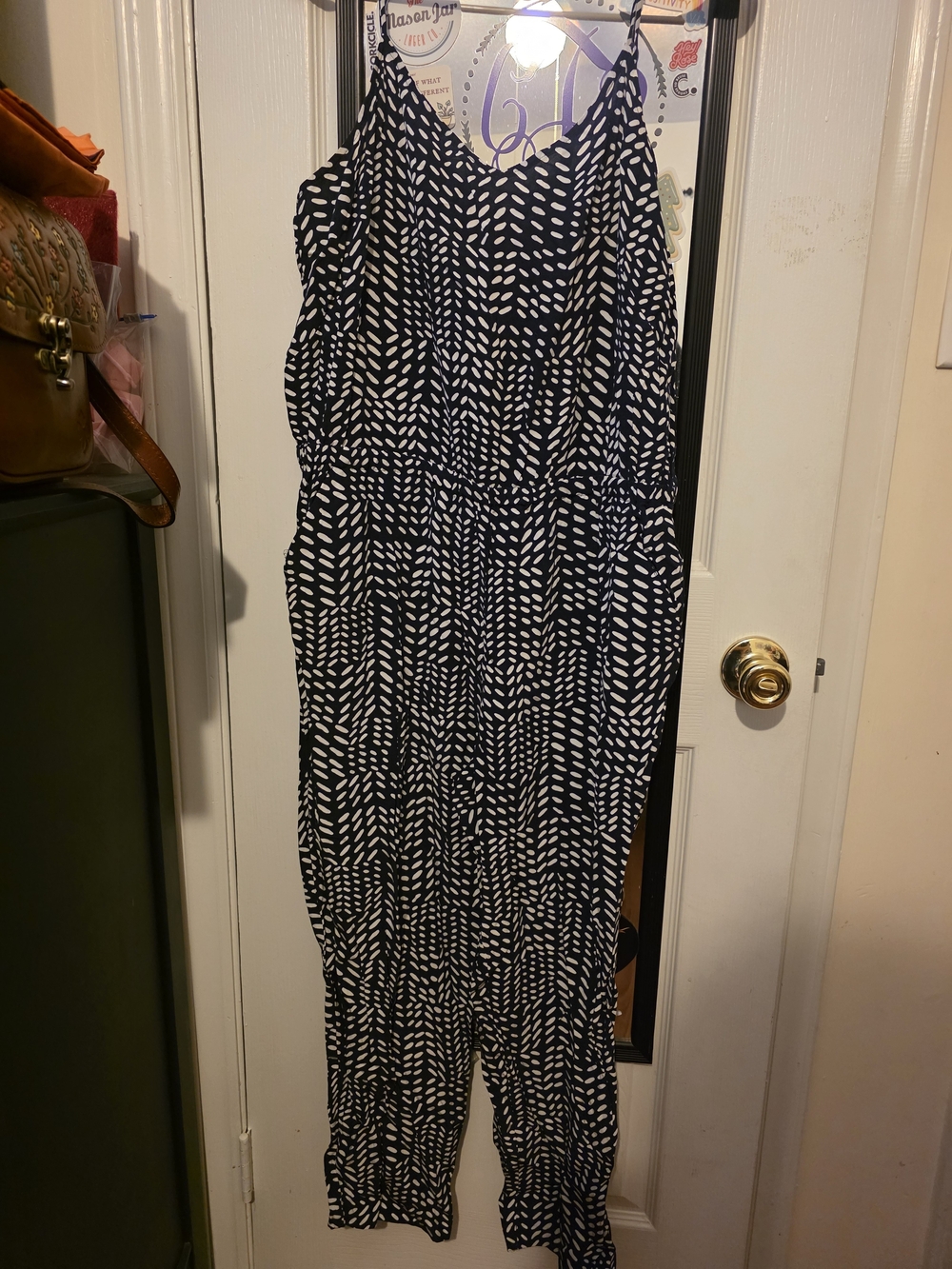 Ann Taylor Loft Navy & White Dot V Neck Spaghetti Strap Jumpsuit Women's Medium
